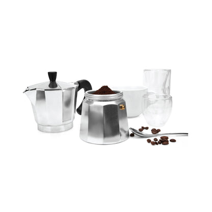 6-cup moka pot with its filter basket of ground coffee, cups and coffee beans