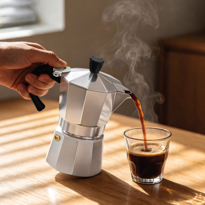 Pouring fresh coffee from the 6-cup moka pot into a glass on a wooden table