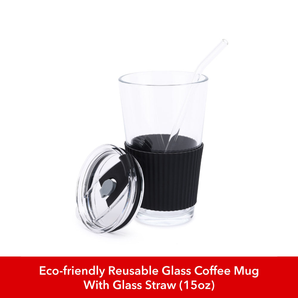 Eco-friendly Reusable Glass Coffee Mug With Glass Straw as part of the Moka Pot Bundle 