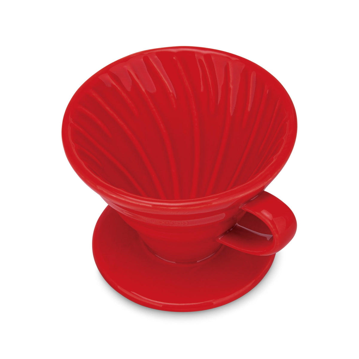 Red ceramic pour over dripper showing the spiral ribs inside the cone