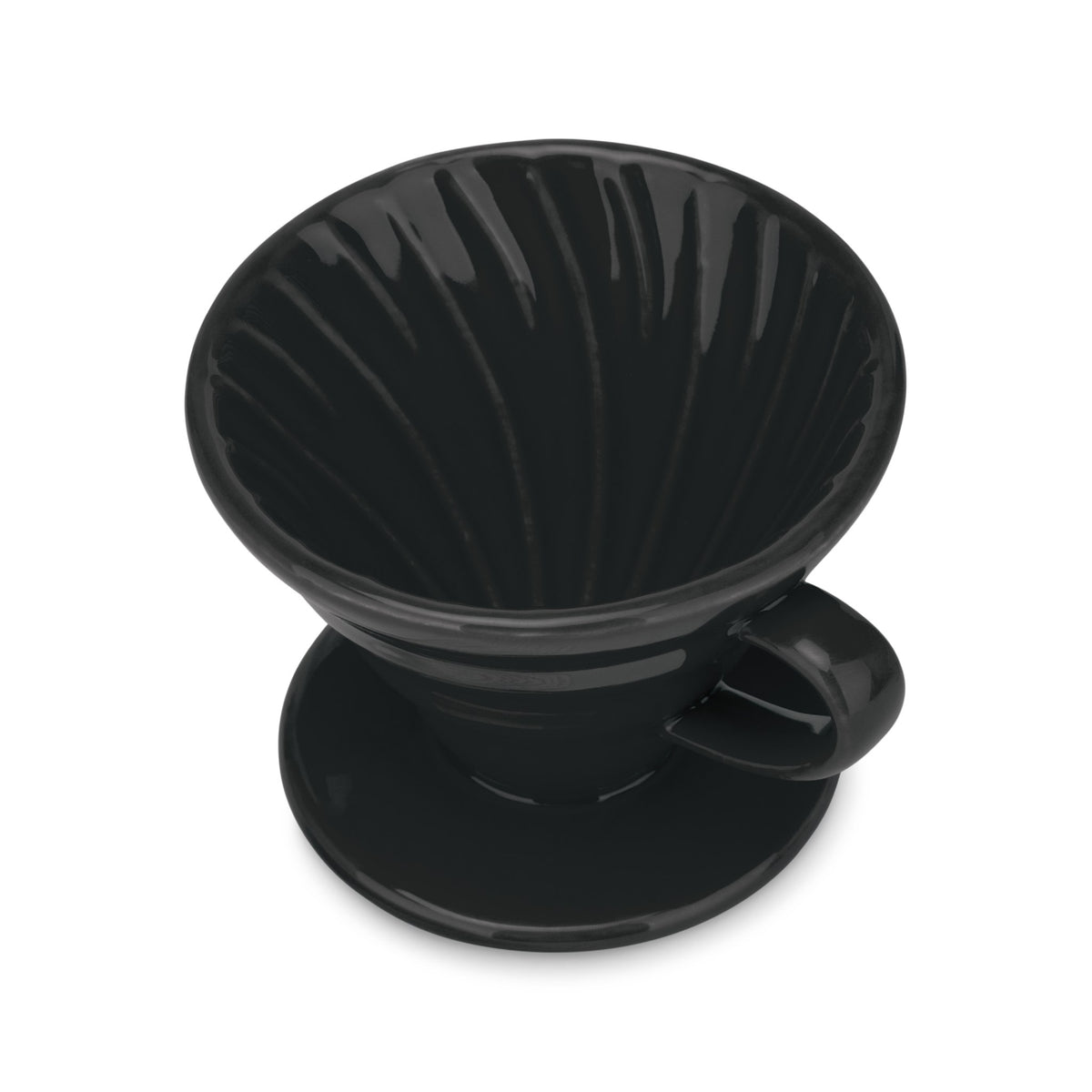 Black ceramic pour over dripper showing the spiral ribs inside the cone