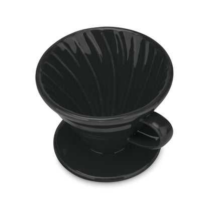 Black ceramic pour over dripper showing the spiral ribs inside the cone