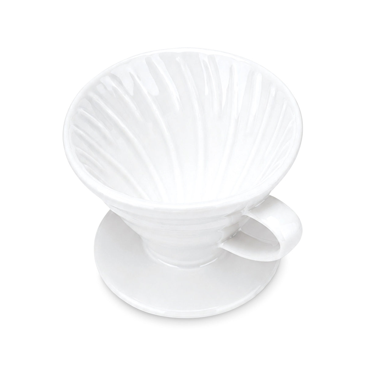 White ceramic pour over dripper showing the spiral ribs inside the cone