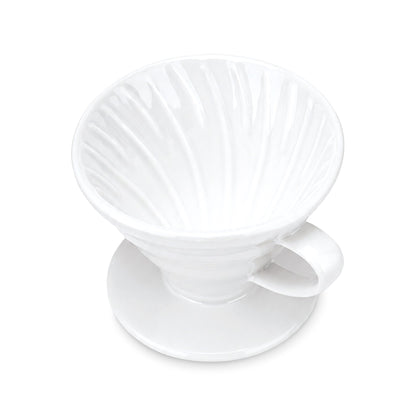 White ceramic pour over dripper showing the spiral ribs inside the cone