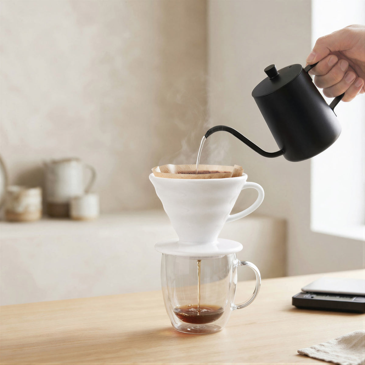 Pouring hot water from a gooseneck kettle into the white pour over dripper on a kitchen counter
