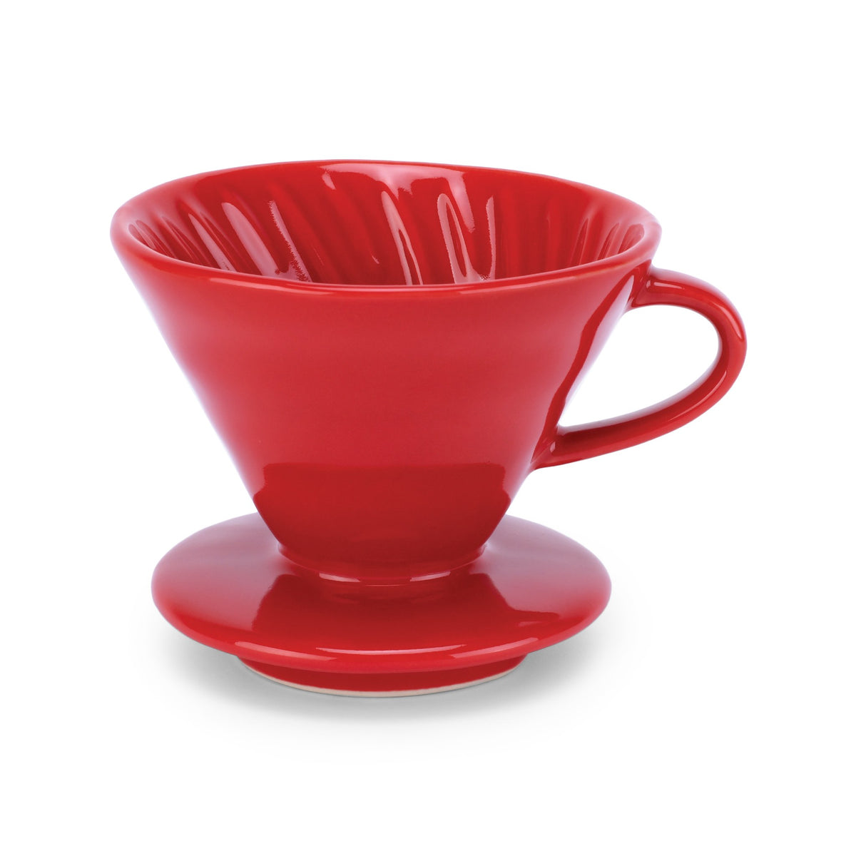 Red ceramic pour over dripper with its wide base plate, side view