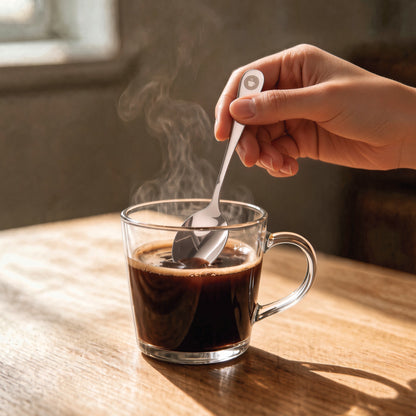 Stirring a glass mug of hot coffee with the tall coffee spoon