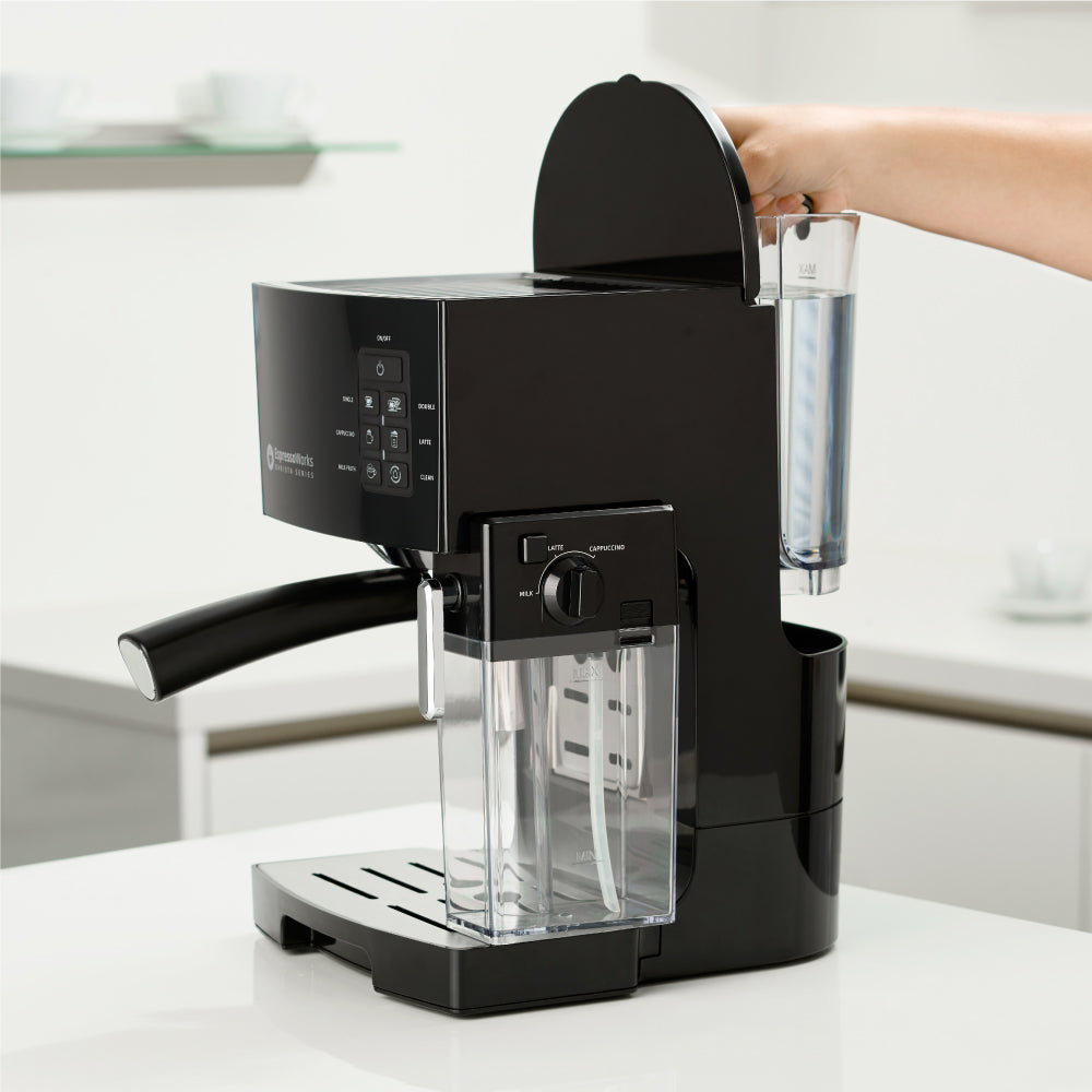 Easily remove, refill, and clean the water tank of the 10-Piece Black Espresso &amp; Cappuccino Maker Set