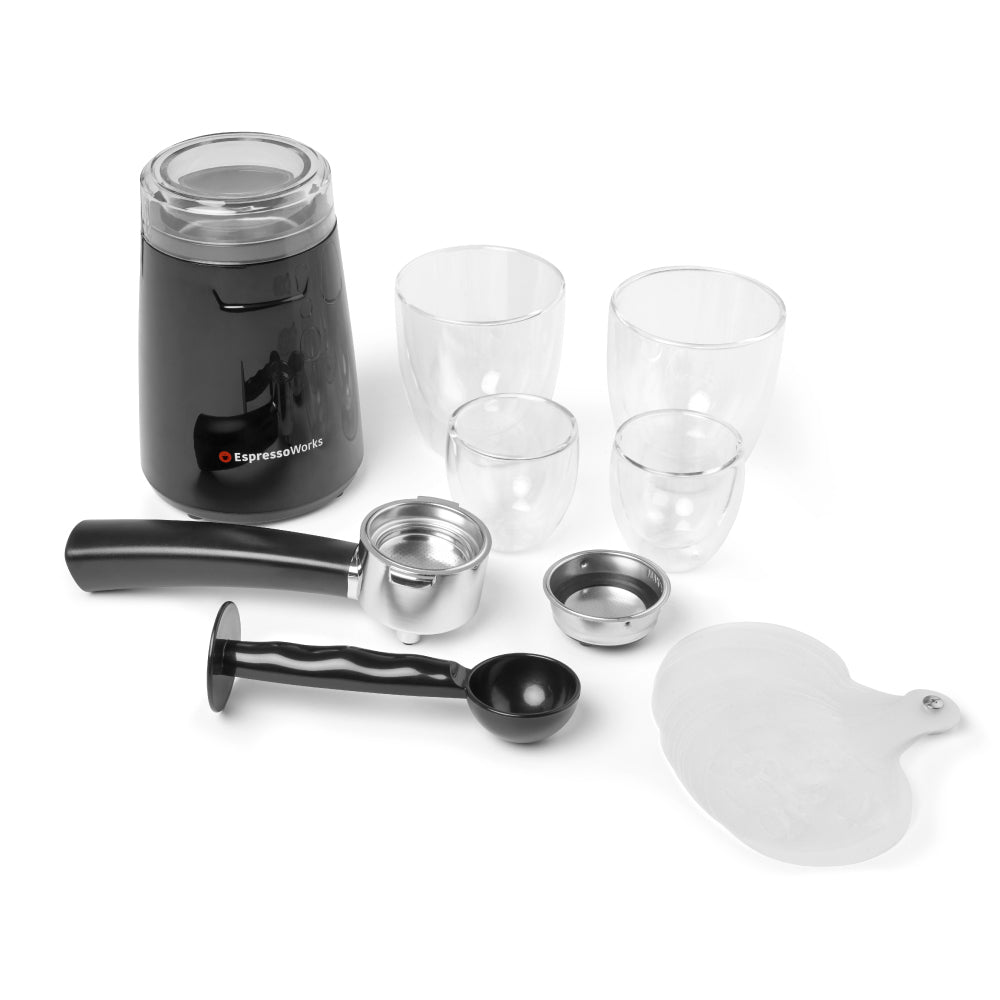 The accessories that come with the 10-Piece Black Espresso &amp; Cappuccino Maker Set