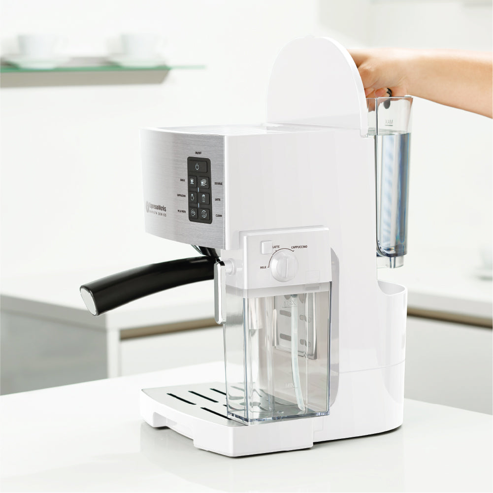 Easily remove, refill, and clean the water tank of the 10-Piece White Espresso &amp; Cappuccino Maker Set