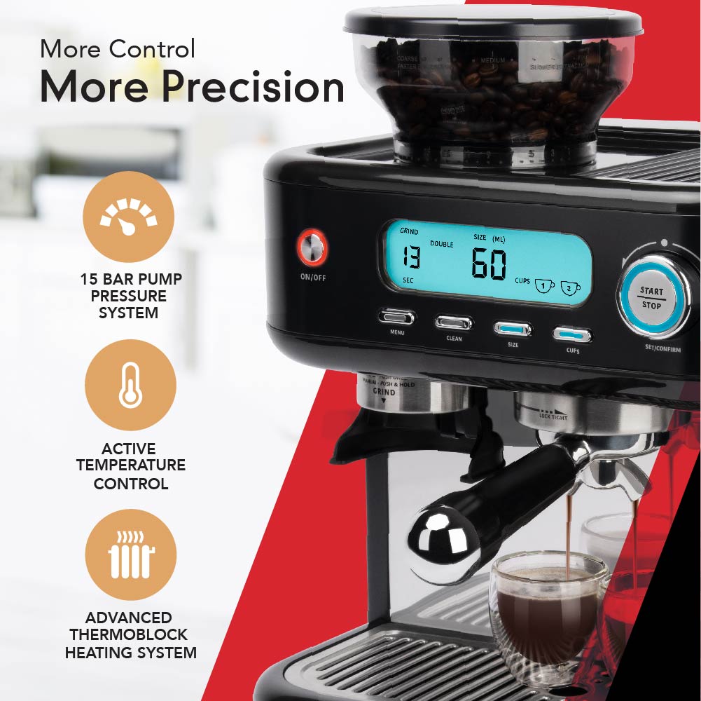 Digital Display and Built-In Coffee Bean Grinder of the EspressoWorks 30-Piece Barista Pro Espresso and Cappuccino Coffee Machine