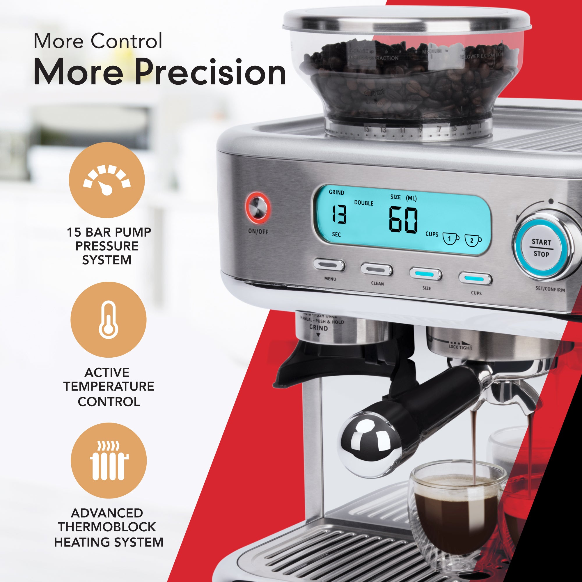 Digital Display and Built-In Coffee Bean Grinder of the EspressoWorks 30-Piece Barista Pro Espresso and Cappuccino Coffee Machine