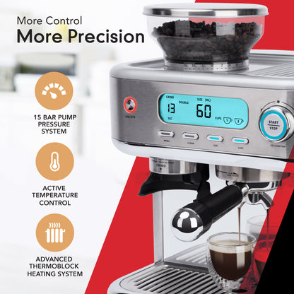 Digital Display and Built-In Coffee Bean Grinder of the EspressoWorks 30-Piece Barista Pro Espresso and Cappuccino Coffee Machine
