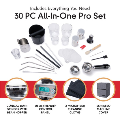 Everything included with the EspressoWorks 30-Piece Barista Pro Espresso and Cappuccino Coffee Machine with Digital Display