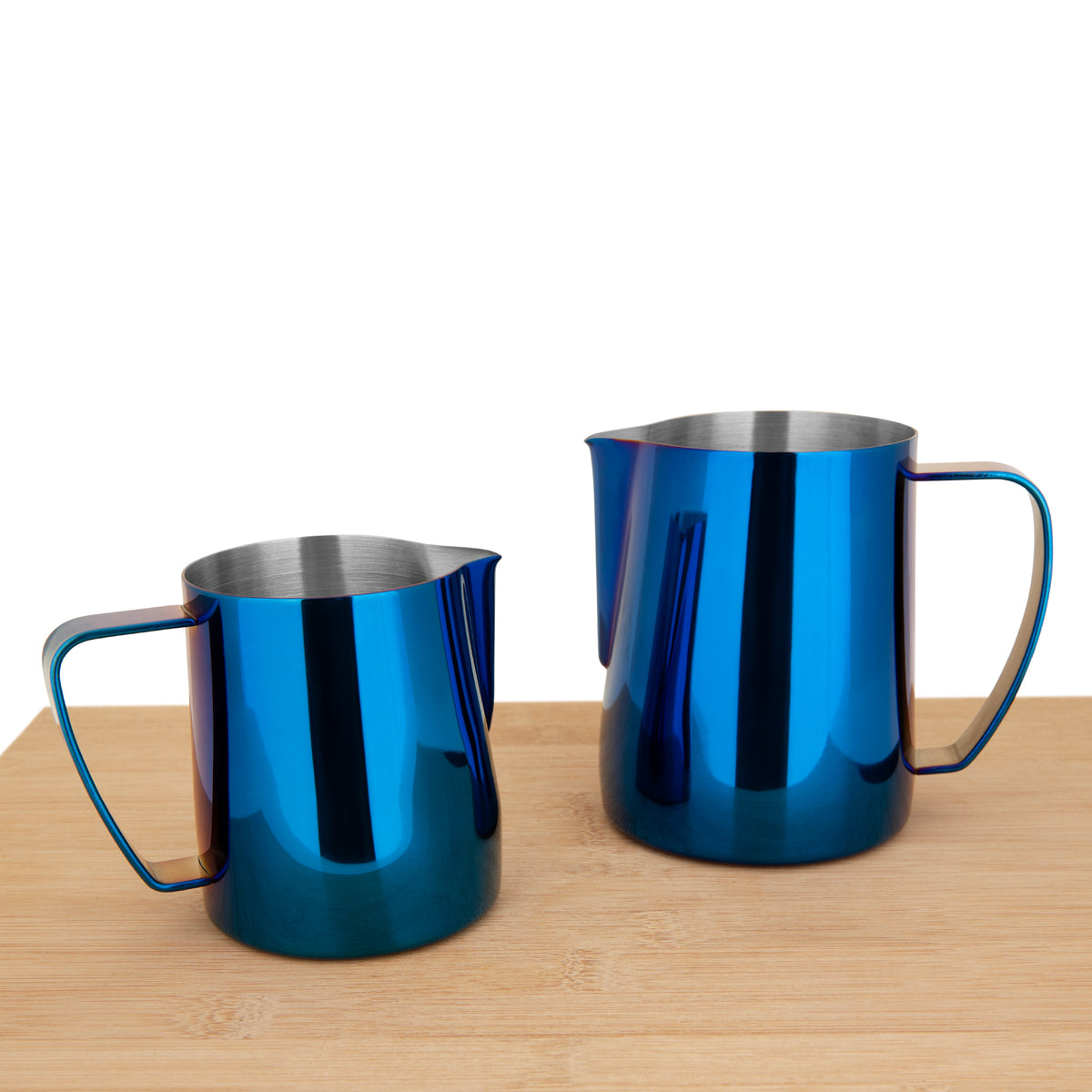 Blue milk frothing pitcher size comparison