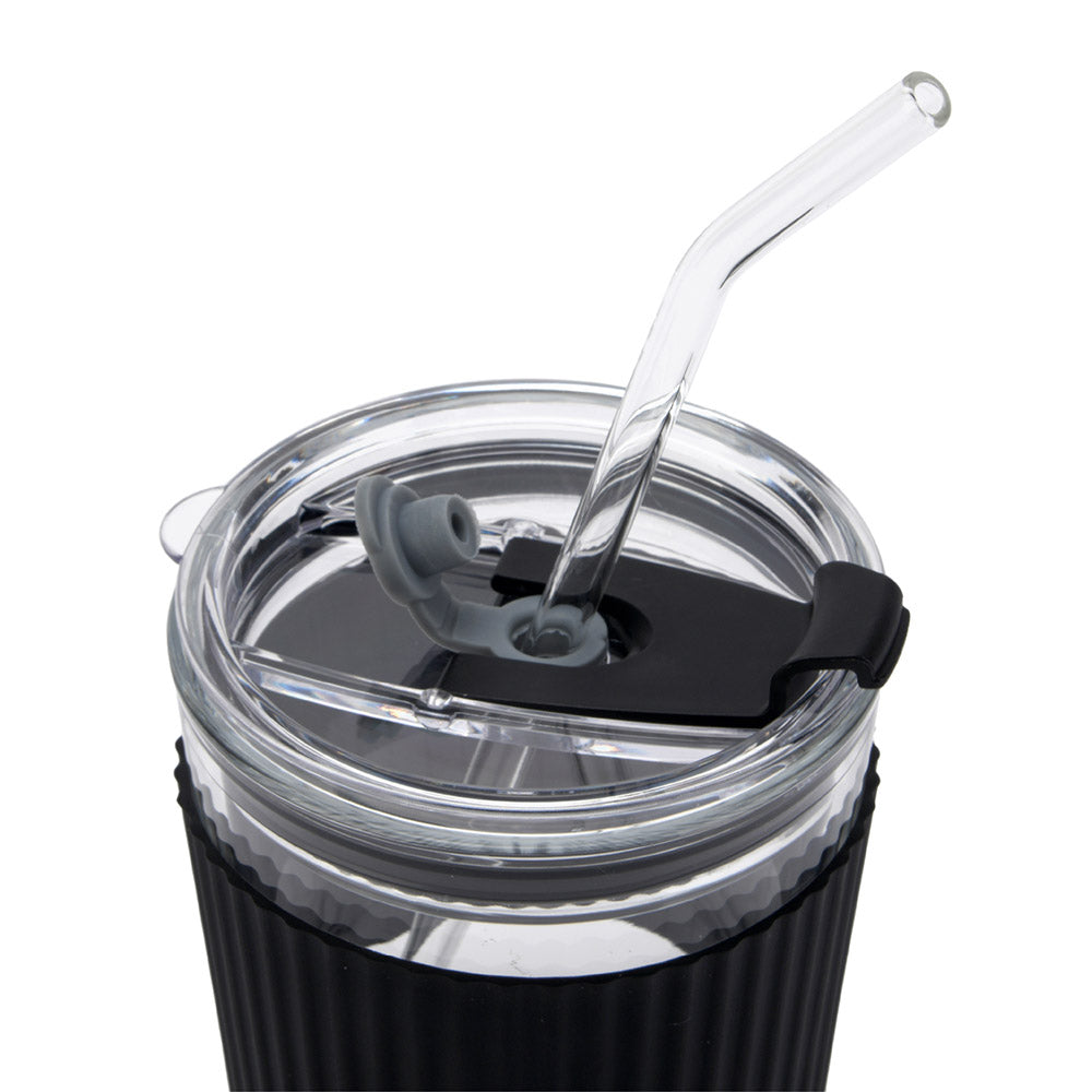 1pc Striped Glass Coffee Cup With Lid & Straw, Portable