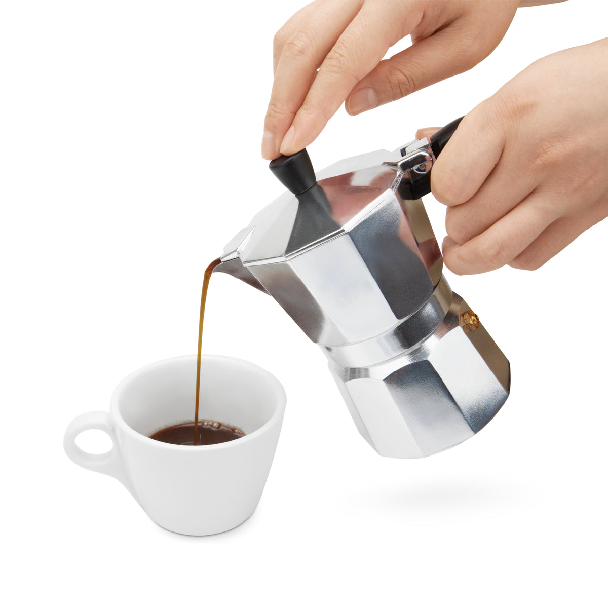 EspressoWorks Moka Pot 3 Cup Stovetop Espresso Maker pouring coffee