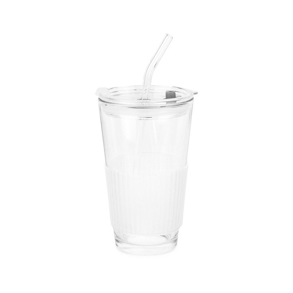 white travel mug 15oz front view with straw