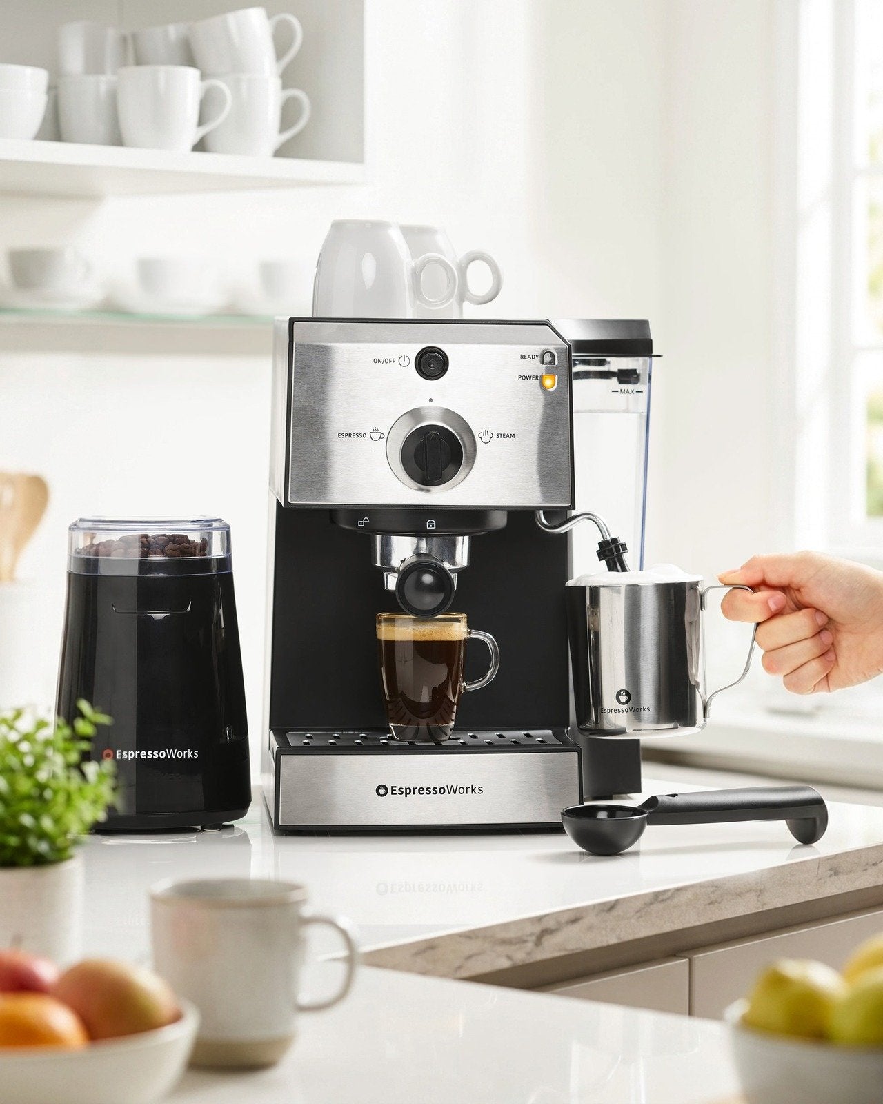 EspressoWorks 7-Piece espresso machine set in a home kitchen